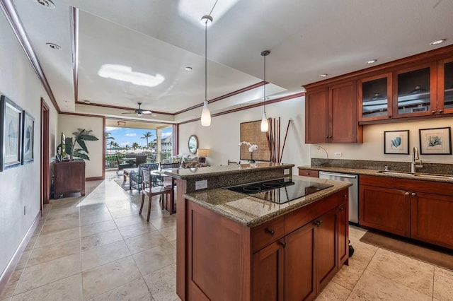 kitchen featuring ceiling fan, sink, stainless steel dishwasher, a tray ceiling, and black electric cooktop