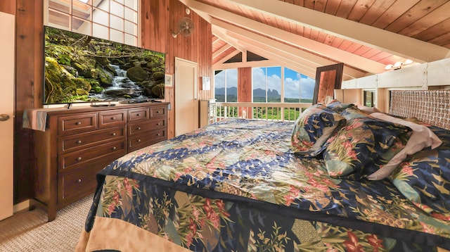 bedroom featuring vaulted ceiling with beams, light colored carpet, wood ceiling, and wood walls