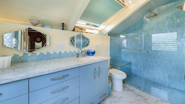 bathroom with vaulted ceiling with beams, vanity, toilet, and a tile shower