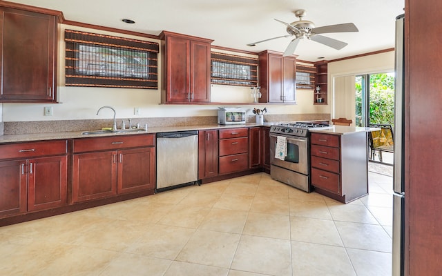 kitchen with ceiling fan, sink, stainless steel appliances, light tile patterned floors, and ornamental molding