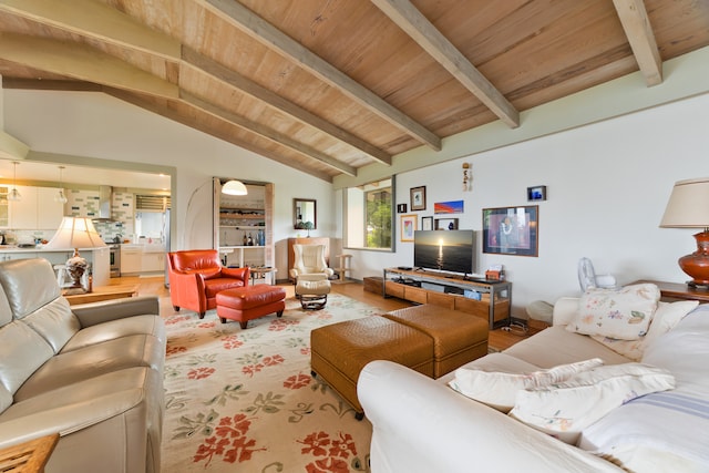 living room with wooden ceiling, lofted ceiling with beams, and hardwood / wood-style floors