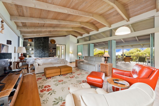 living room with built in shelves, lofted ceiling with beams, and wooden ceiling