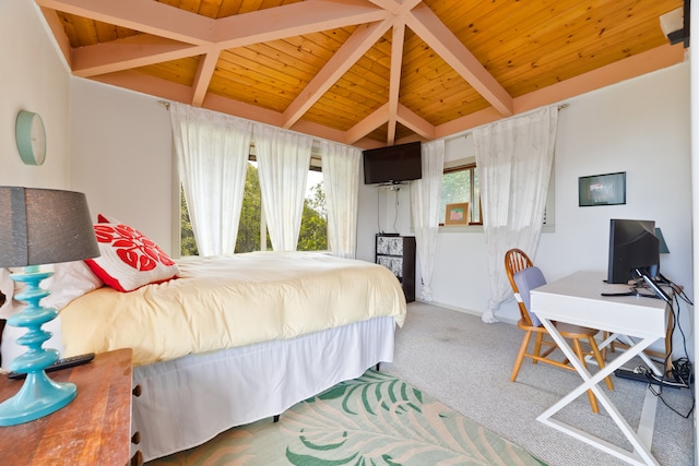 carpeted bedroom with lofted ceiling with beams and wooden ceiling