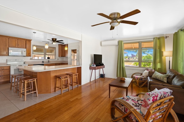 living room with a wall mounted AC, light hardwood / wood-style flooring, sink, and ceiling fan