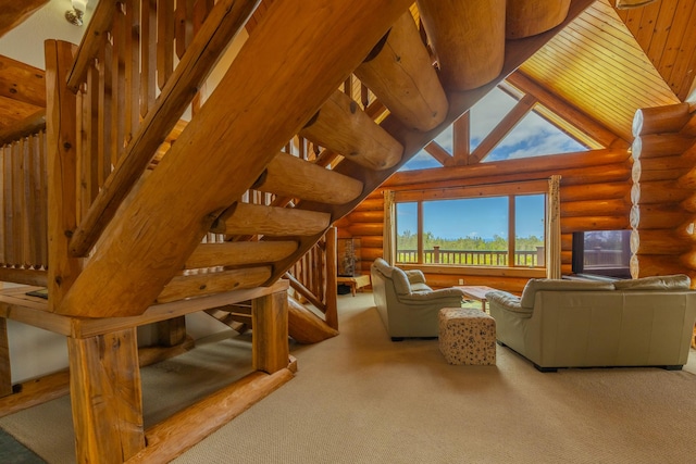 living room featuring wooden ceiling, high vaulted ceiling, and log walls