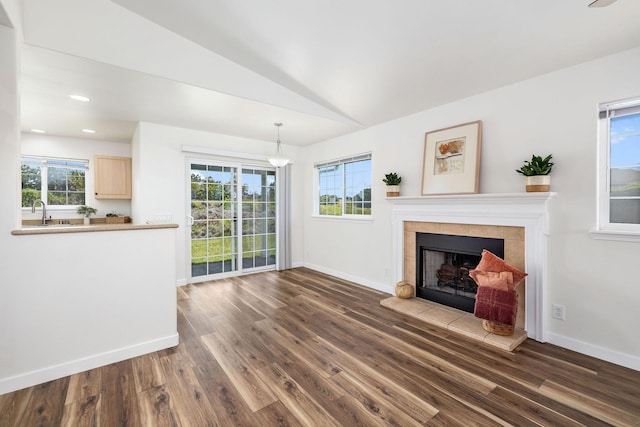 unfurnished living room with vaulted ceiling, a healthy amount of sunlight, and dark wood-type flooring