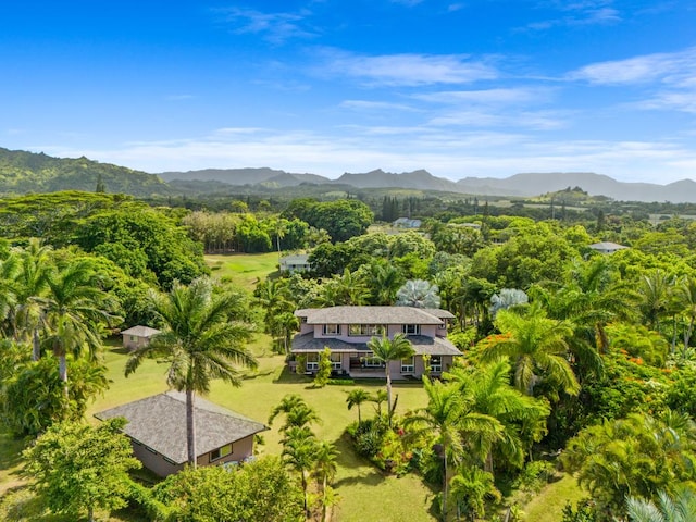 drone / aerial view featuring a mountain view