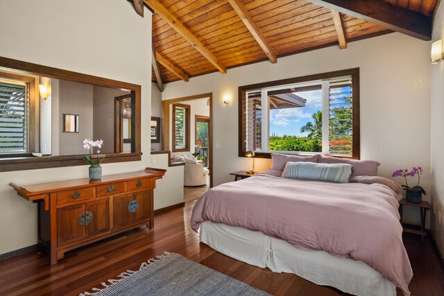 bedroom featuring lofted ceiling with beams, hardwood / wood-style floors, and wood ceiling