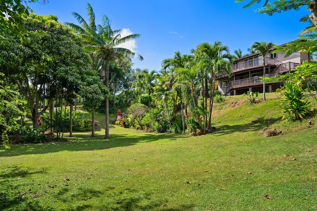 view of yard featuring a wooden deck