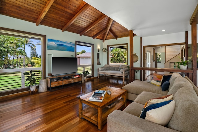 living room featuring a wealth of natural light, hardwood / wood-style flooring, and wood ceiling