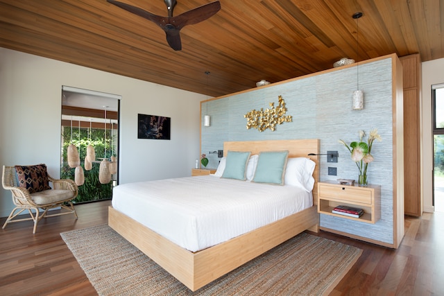 bedroom featuring dark wood-type flooring, wooden ceiling, and ceiling fan