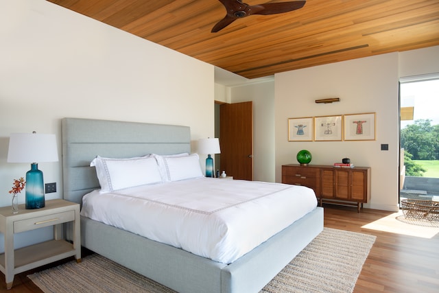 bedroom featuring wooden ceiling, ceiling fan, and hardwood / wood-style floors