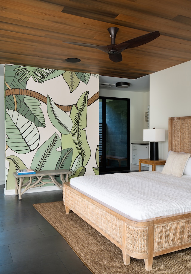 bedroom featuring wood ceiling and ceiling fan