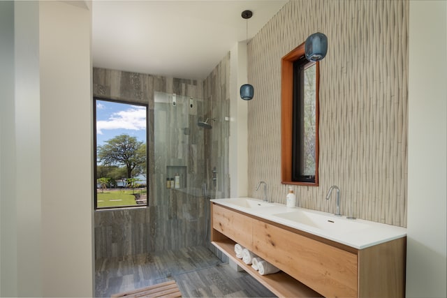 bathroom featuring a shower with door and dual bowl vanity