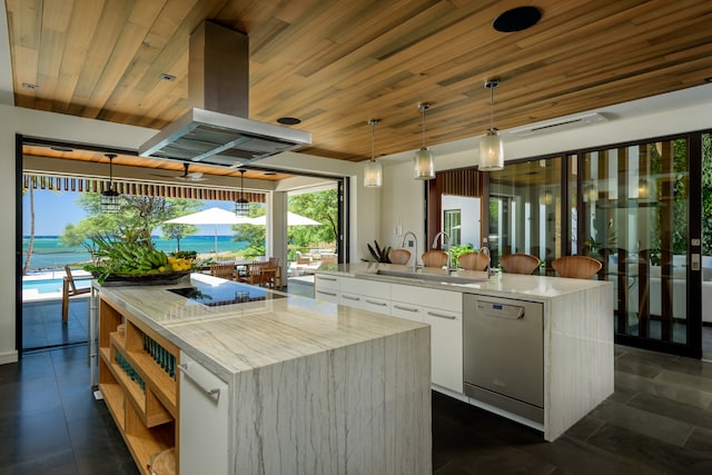 kitchen featuring dishwashing machine, white cabinets, sink, island range hood, and a kitchen island with sink