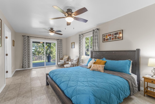 bedroom with light tile patterned flooring, access to exterior, and ceiling fan