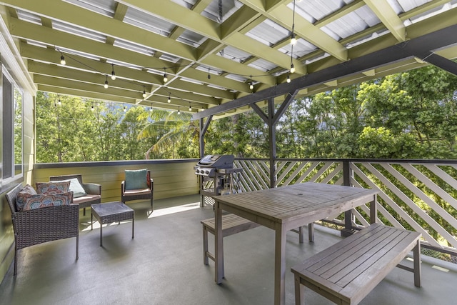 view of patio / terrace with outdoor lounge area and a pergola