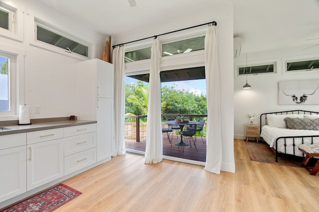 doorway to outside with a wall mounted AC, light hardwood / wood-style flooring, and a wealth of natural light