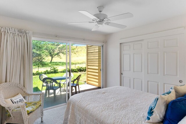 carpeted living room with ceiling fan and a fireplace