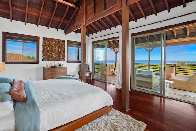 bedroom with beamed ceiling, access to exterior, dark hardwood / wood-style floors, and wood ceiling