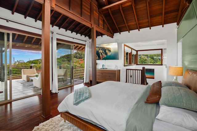 bedroom featuring access to exterior, beam ceiling, wooden ceiling, and multiple windows