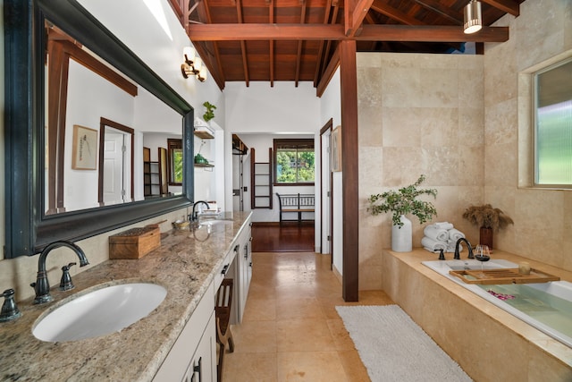 bathroom with wood ceiling, tile walls, tile patterned floors, vanity, and lofted ceiling with beams