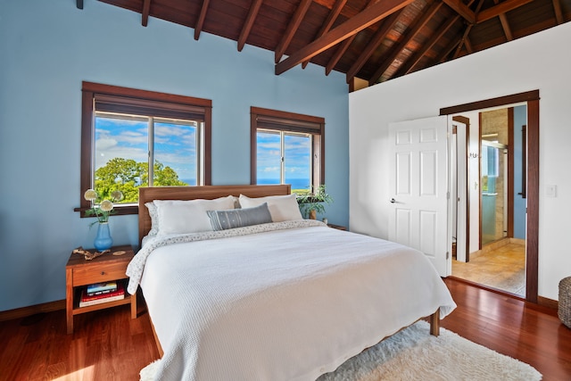 bedroom with wood-type flooring, ensuite bathroom, wood ceiling, high vaulted ceiling, and beamed ceiling