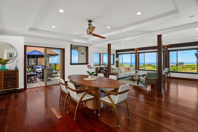 dining space featuring ceiling fan, dark hardwood / wood-style flooring, and a raised ceiling