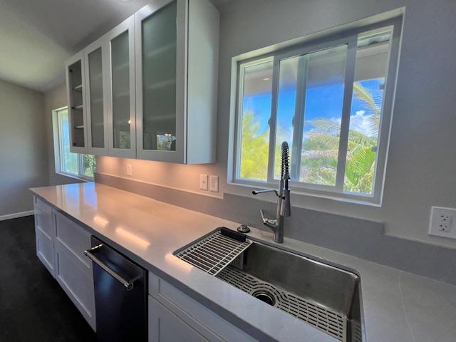 kitchen with dishwasher, white cabinets, and sink