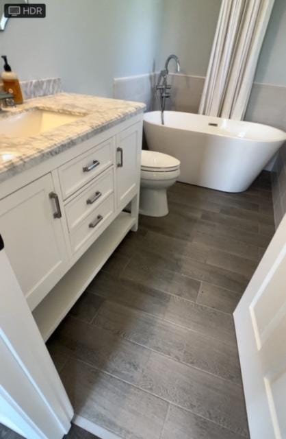 bathroom featuring toilet, vanity, and a bathing tub