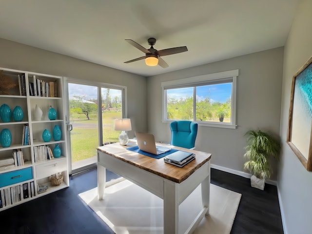 home office featuring ceiling fan and dark hardwood / wood-style flooring