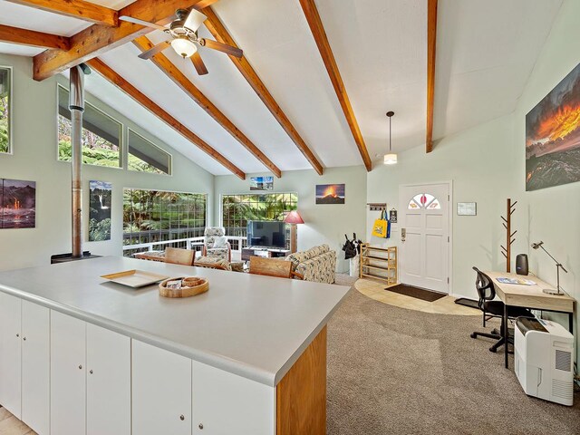 bedroom with light colored carpet and ceiling fan