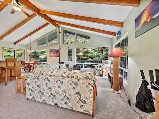 living room featuring ceiling fan, high vaulted ceiling, beamed ceiling, and carpet