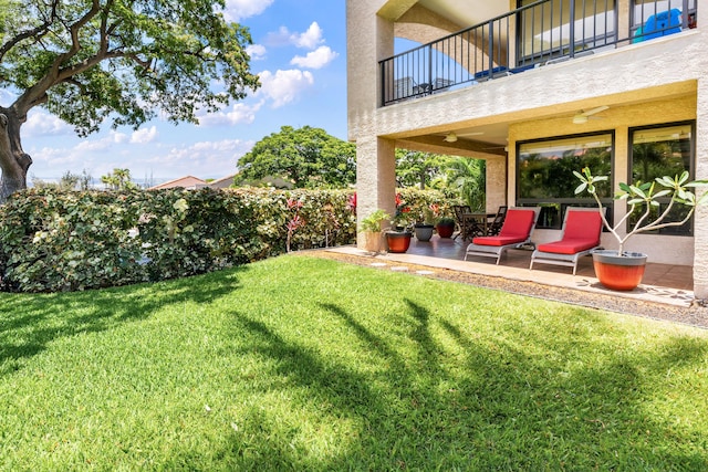 view of yard featuring a balcony and a patio area