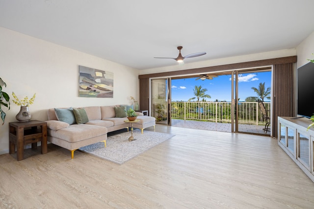 living room featuring ceiling fan and light hardwood / wood-style flooring