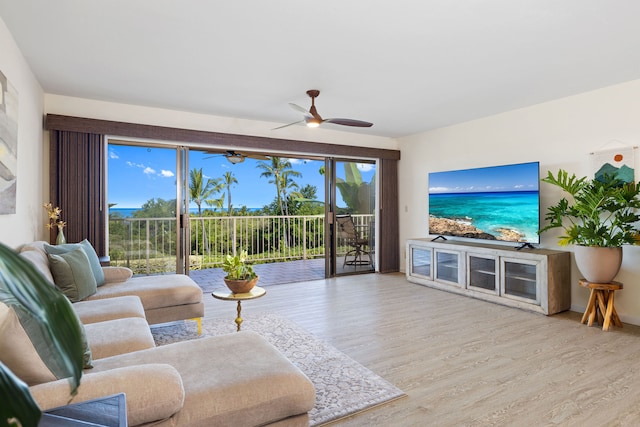 living room featuring ceiling fan and light wood-type flooring