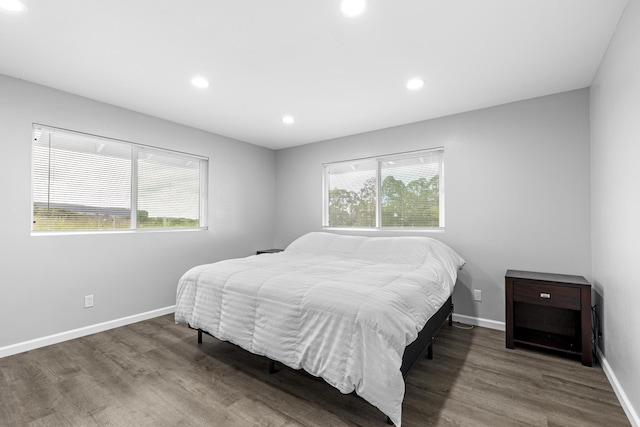 bedroom featuring multiple windows and dark hardwood / wood-style flooring