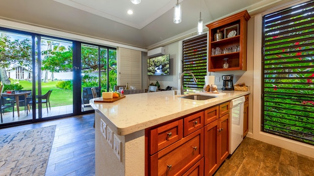 kitchen with white dishwasher, sink, dark hardwood / wood-style floors, light stone countertops, and decorative light fixtures