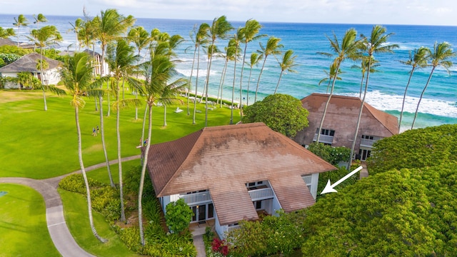 aerial view featuring a water view and a view of the beach