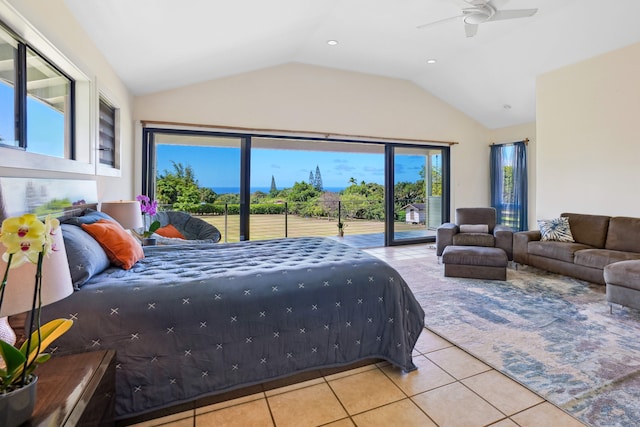 tiled bedroom featuring ceiling fan, vaulted ceiling, and access to outside