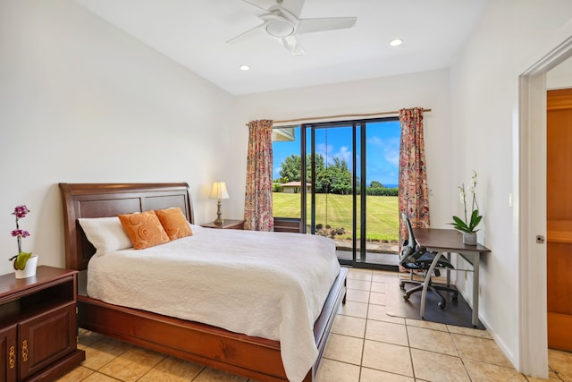 bedroom featuring ceiling fan, access to outside, and light tile patterned flooring