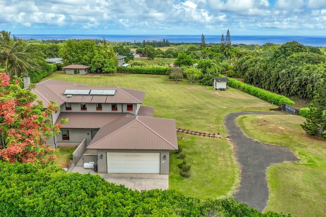 bird's eye view with a water view