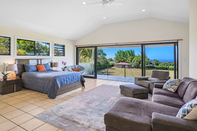 bedroom featuring ceiling fan, access to exterior, lofted ceiling, and light tile patterned floors