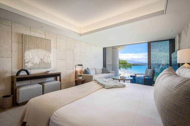 bedroom featuring a water view and a raised ceiling