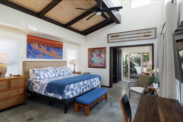 bedroom featuring high vaulted ceiling, access to outside, ceiling fan, wood ceiling, and beam ceiling