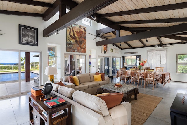 living room featuring wood ceiling, beam ceiling, and ceiling fan