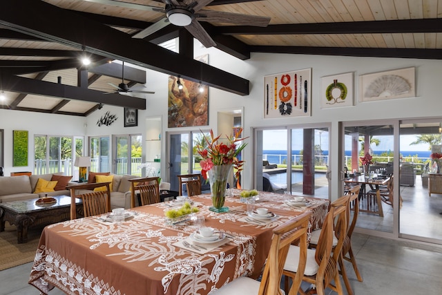 dining room with beamed ceiling, a water view, high vaulted ceiling, and ceiling fan