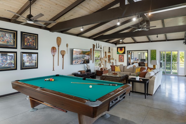 rec room featuring ceiling fan, pool table, track lighting, and vaulted ceiling with beams