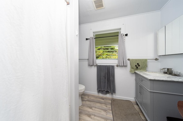 bathroom with vanity, hardwood / wood-style flooring, and toilet