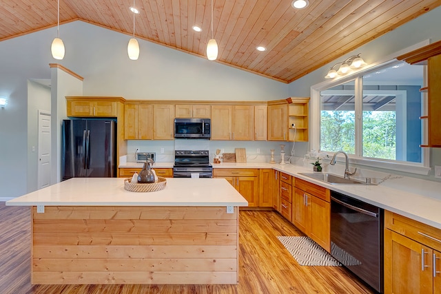 kitchen with black appliances, sink, light hardwood / wood-style floors, and wooden ceiling